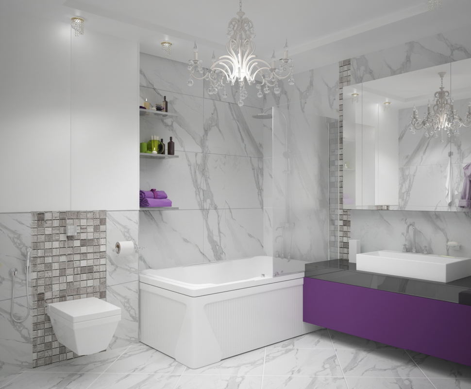 Дизайн-проект ванной комнаты в белых тонах 9 кв.м, ванна, фиолетовая тумба, раковина, зеркало, люстра, полки