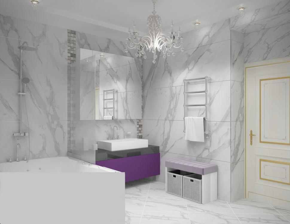 Визуализация ванной комнаты в светлых тонах 9 кв.м, фиолетовая тумба, люстра, ванна, зеркало, мраморная плитка