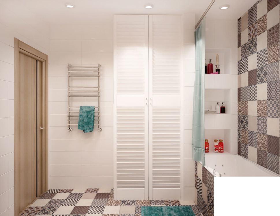 Интерьер ванной комнаты в теплых тонах 6 кв.м, полки, ванна, белый шкаф, сушилка, потолочные светильники, серая плитка
