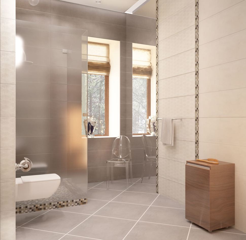 Дизайн интерьера ванной с душевой 8 кв.м в коттедже с серыми оттенками, душевая кабинка, зеркало,тумба под дерево, раковина