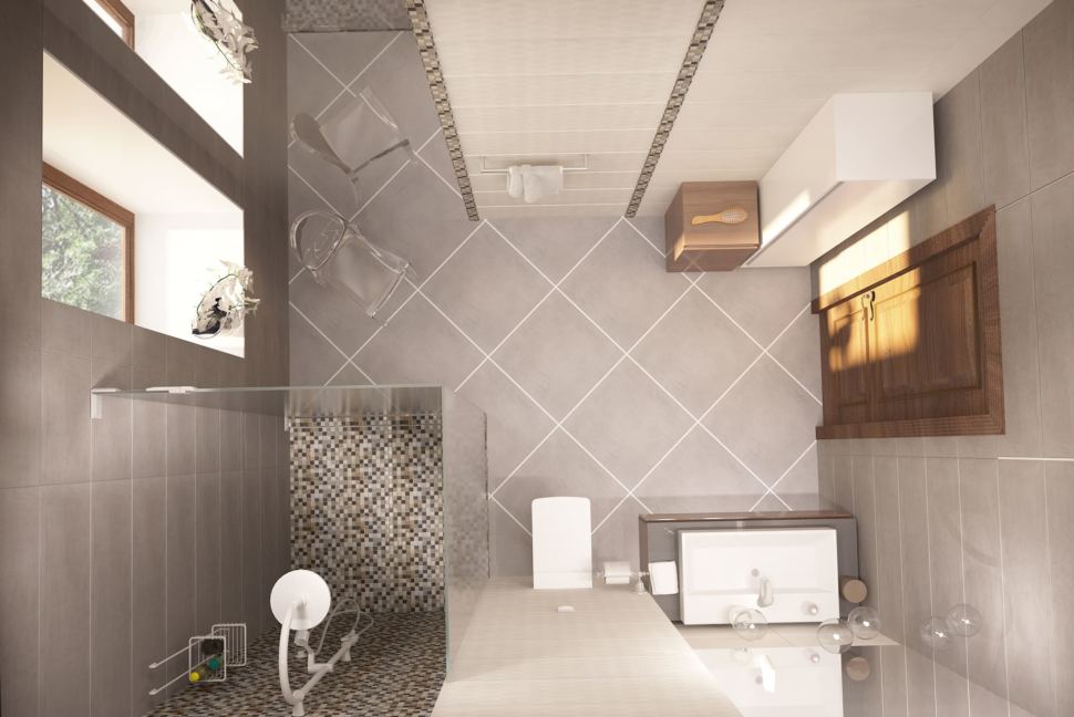 Дизайн интерьера ванной с душевой 8 кв.м в коттедже с молочными оттенками, душевая кабинка, зеркало, раковина, стул,тумба под дерево
