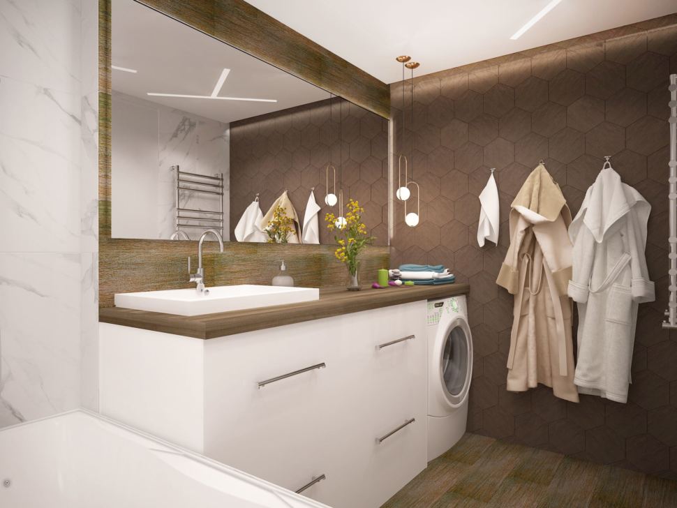 Визуализация ванной комнаты в белых и древесных тонах 6 кв.м, белая тумба, стиральная машинка, подвесные светильники, зеркало
