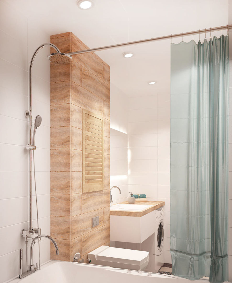 Визуализация ванной комнаты в теплых тонах 6 кв.м, ванна, стиральная машина, белая тумба, раковина, зеркало, потолочные светильники