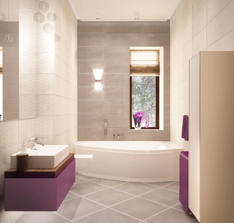 Дизайн ванной комнаты 8 кв.м в теплых тонах, ванная, фиолетовый комод, белый шкаф