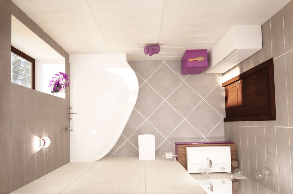 Дизайн ванной комнаты 8 кв.м с фиолетовыми оттенками, ванная, бирюзовый комод, раковина, зеркало, светильник