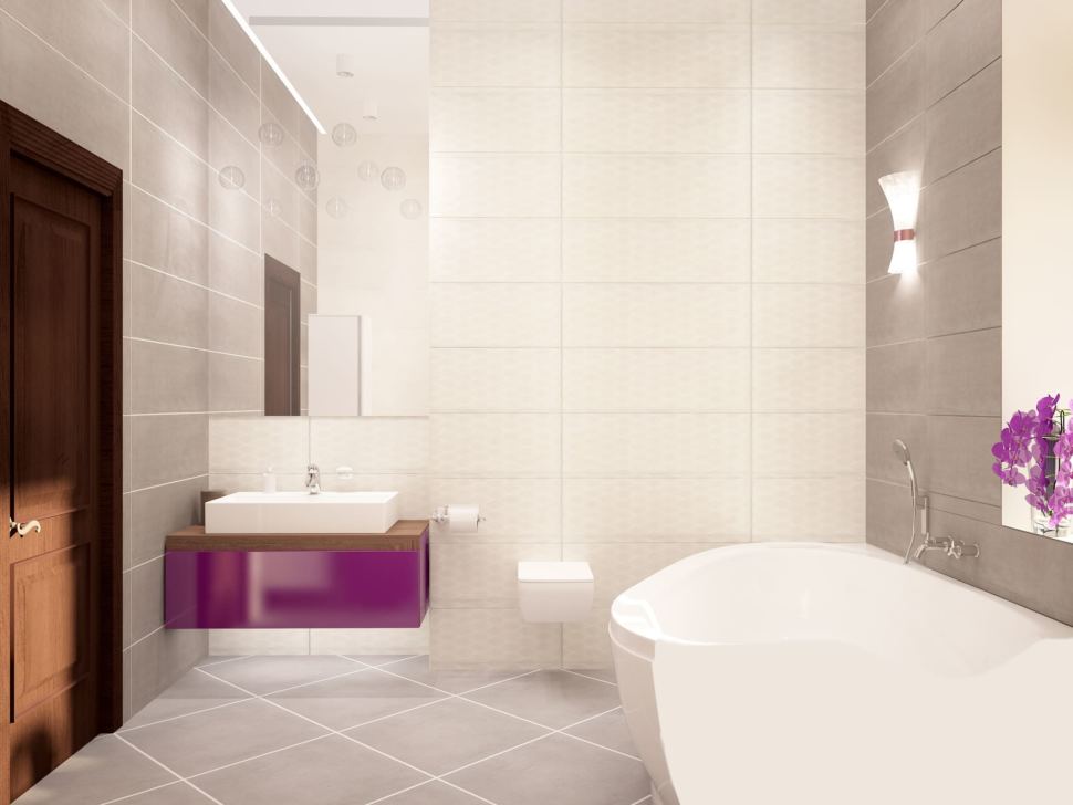 Дизайн ванной комнаты 8 кв.м в белых тонах, зеркало, ванная, фиолетовая тумба