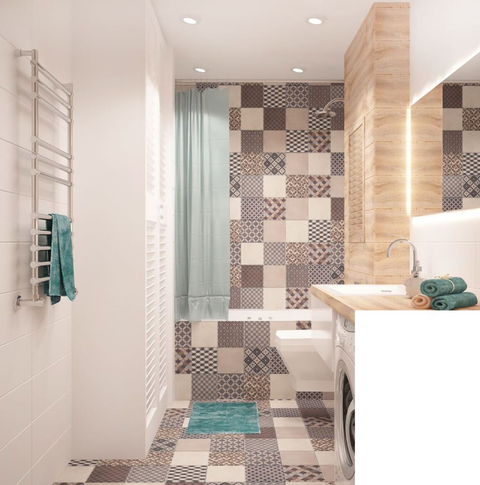 Дизайн-проект ванной комнаты в теплых тонах 6 кв.м, ванна, стиральная машина, раковина, зеркало, белая подвесная тумба, шкаф