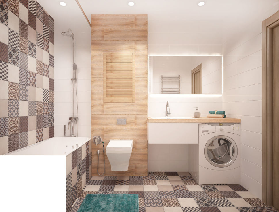 Дизайн интерьера ванной комнаты в теплых тонах 6 кв.м, унитаз, белая подвесная полка, стиральная машина, зеркало, серая плитка