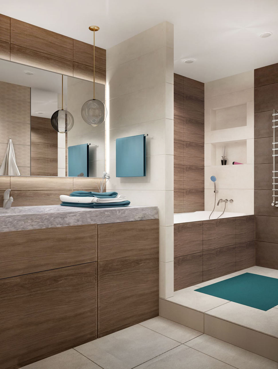 Дизайн-интерьера ванной комнаты в бежевых тонах 7 кв.м, бежевая тумба, зеркало, раковина, подвесной светильник
