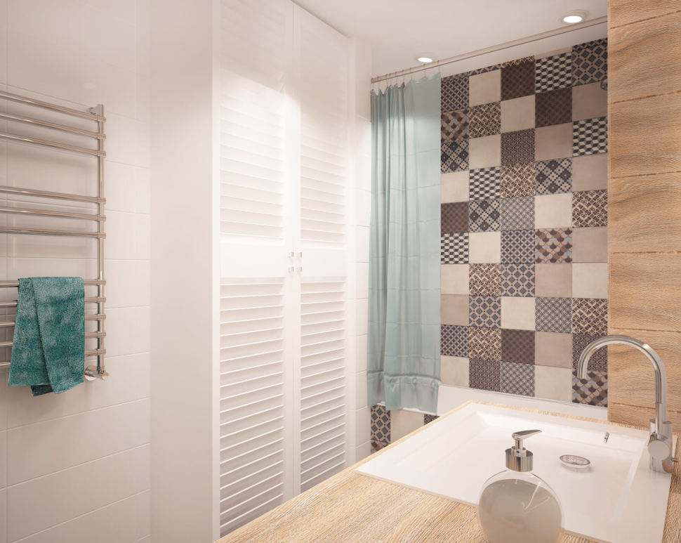 Дизайн-проект ванной комнаты в теплых тонах 6 кв.м, белый шкаф, ванна, раковина, столешница, серая плитка с орнаментом