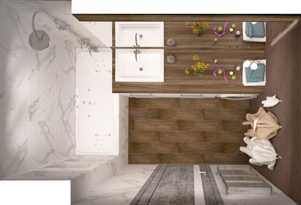 Визуализация ванной комнаты в белых и древесных тонах 6 кв.м, ванна, раковина, белая тумба, стиральная машина, сушилка, зеркало