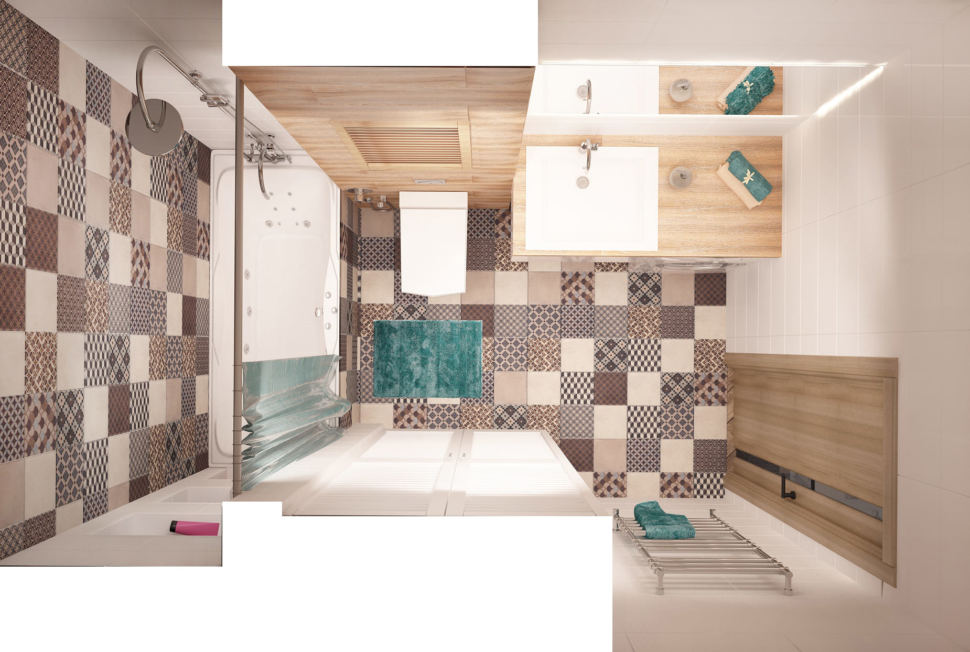 Визуализация ванной комнаты в теплых тонах 6 кв.м, ванна, плитка с орнаментом, белый шкаф, зеркало, раковина, сушилка