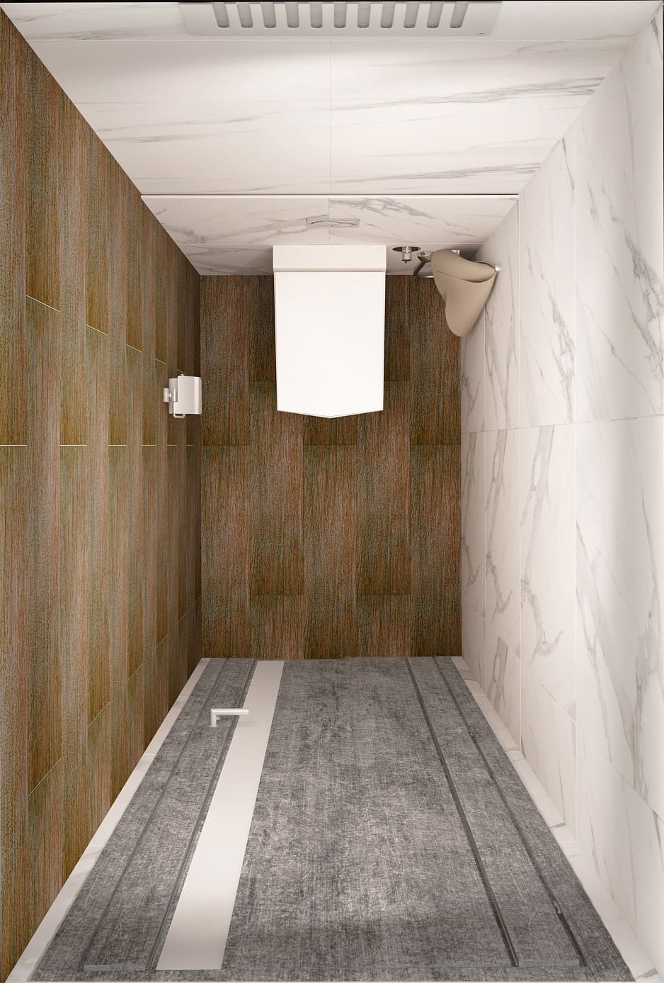 Дизайн-проект санузла в белых тонах 2 кв.м, плитка под мрамор, анитаз, потолочные светильники