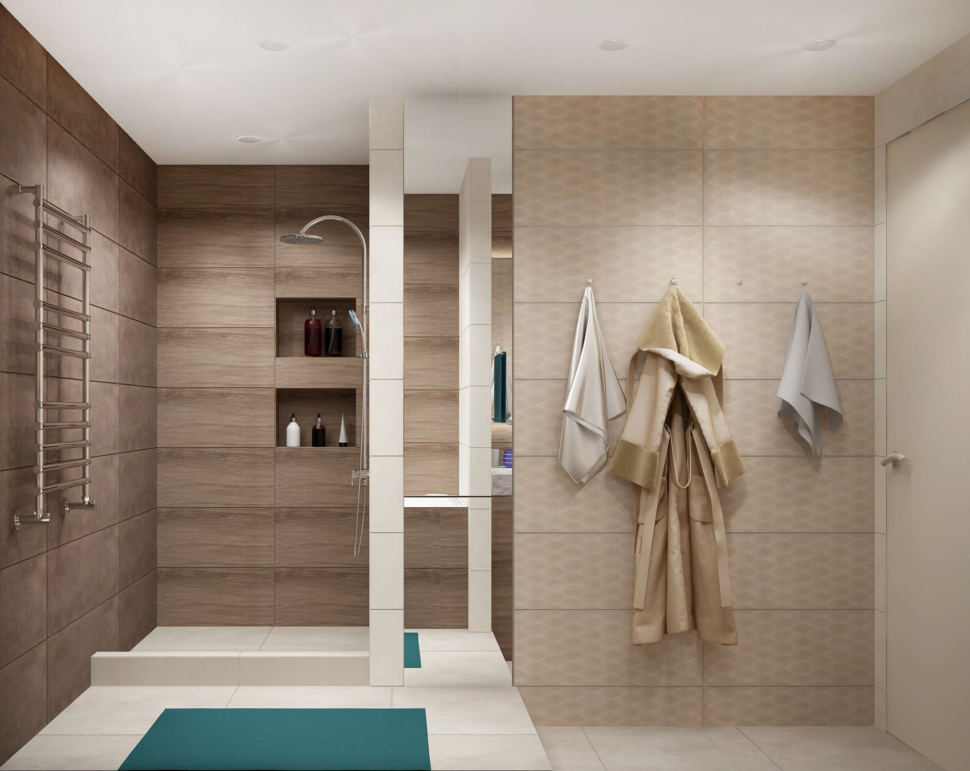 Визуализация ванной комнаты в бежевых тонах 7 кв.м, душевая кабина, сушилка, зеркало