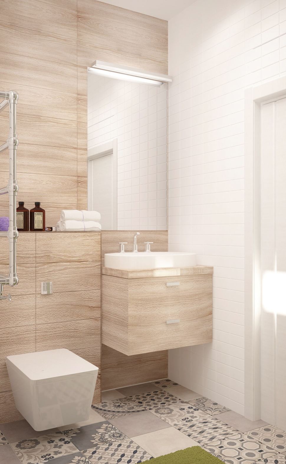 Дизайн ванной комнаты 5 кв.м в теплых тонах, унитаз, зеркало, бежевая тумба, полотенцесушитель, керамический гранит