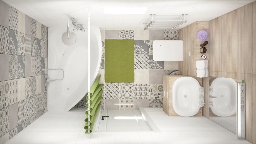 Визуализация ванной комнаты 5 кв.м в белых тонах, ванная, раковина, бежевый шкаф, сушилка