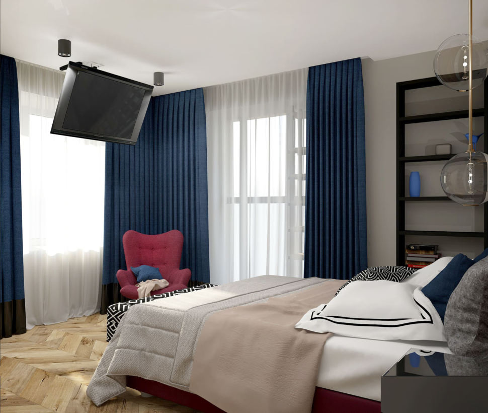 Интерьер спальни в синих и бордовых тонах 16 кв.м, кровать, телевизор, бордовое кресло, синие портьеры
