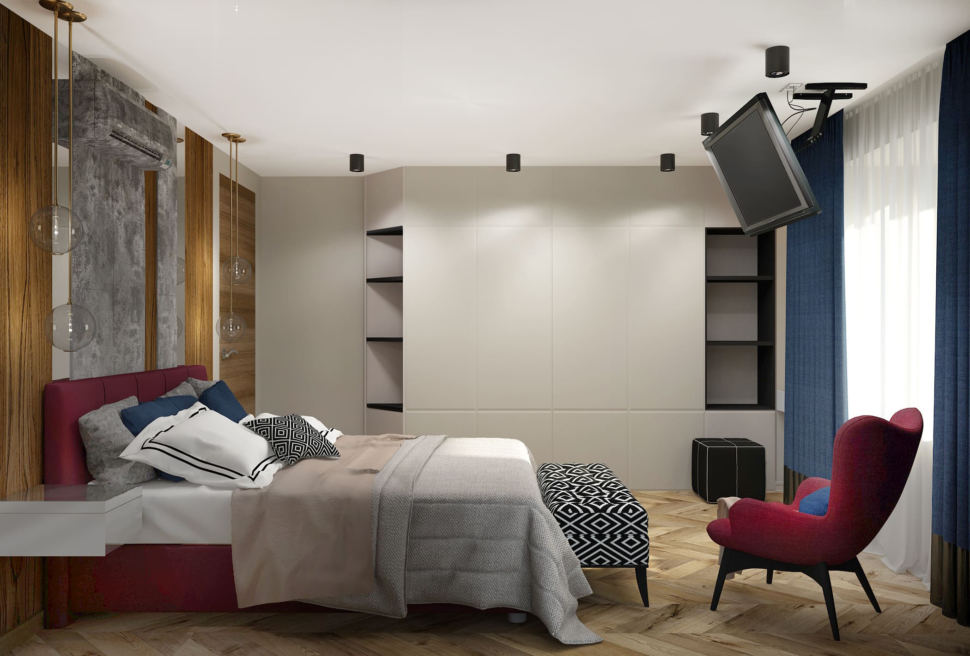 Дизайн спальни в синих и бордовых тонах 16 кв.м, бордовое кресло, бордовая кровать, белый шкаф
