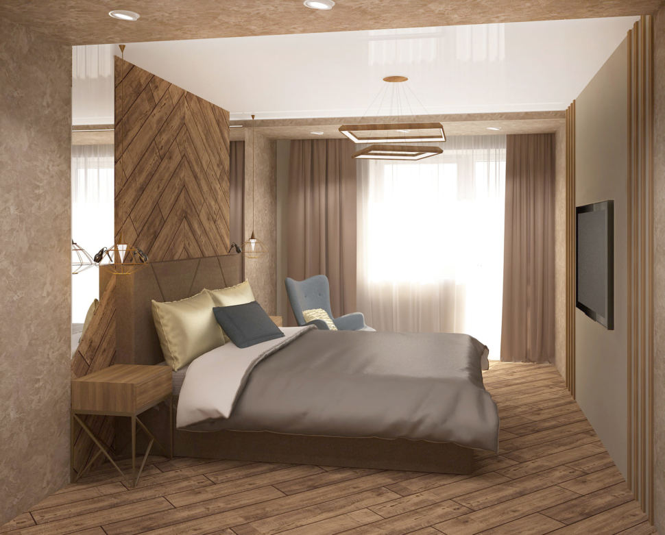 Проект спальни в серых тонах 17 кв.м, телевизор, прикроватная тумба, люстра, зеркало, золотой подвесной светильник