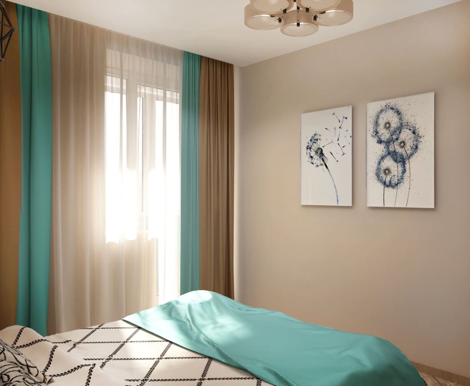 Дизайн-проект спальни в бирюзовых тонах 9 кв.м, кровать, люстра, синие портьеры, бежевый ламинат, декор