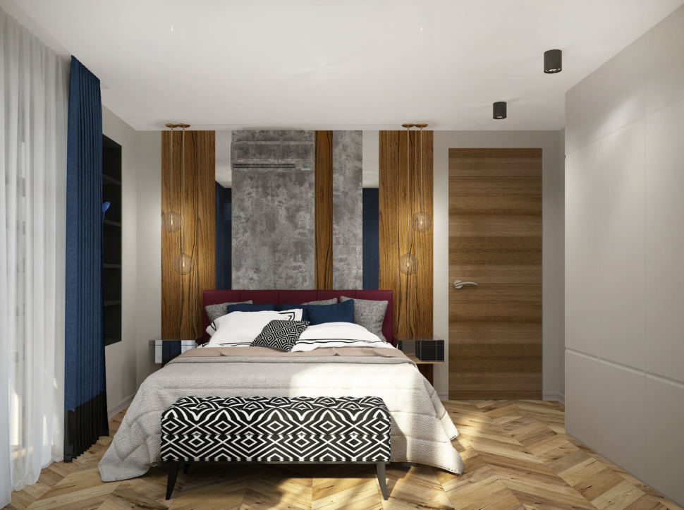 Дизайн-проект спальни в синих и бордовых тонах 16 кв.м, кровать, белая скамья, прикроватные тумбочки