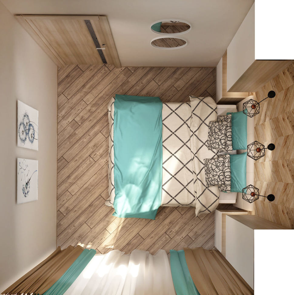 Дизайн интерьера спальни 9 кв.м в современном стиле с белыми и молочными оттенками, белые прикроватные комоды, бежевая кровать