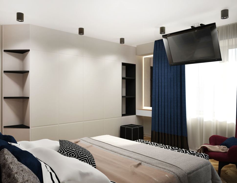 Визуализация спальни в синих и бордовых тонах 16 кв.м, синие портьеры, телевизор, кровать, белый шкаф
