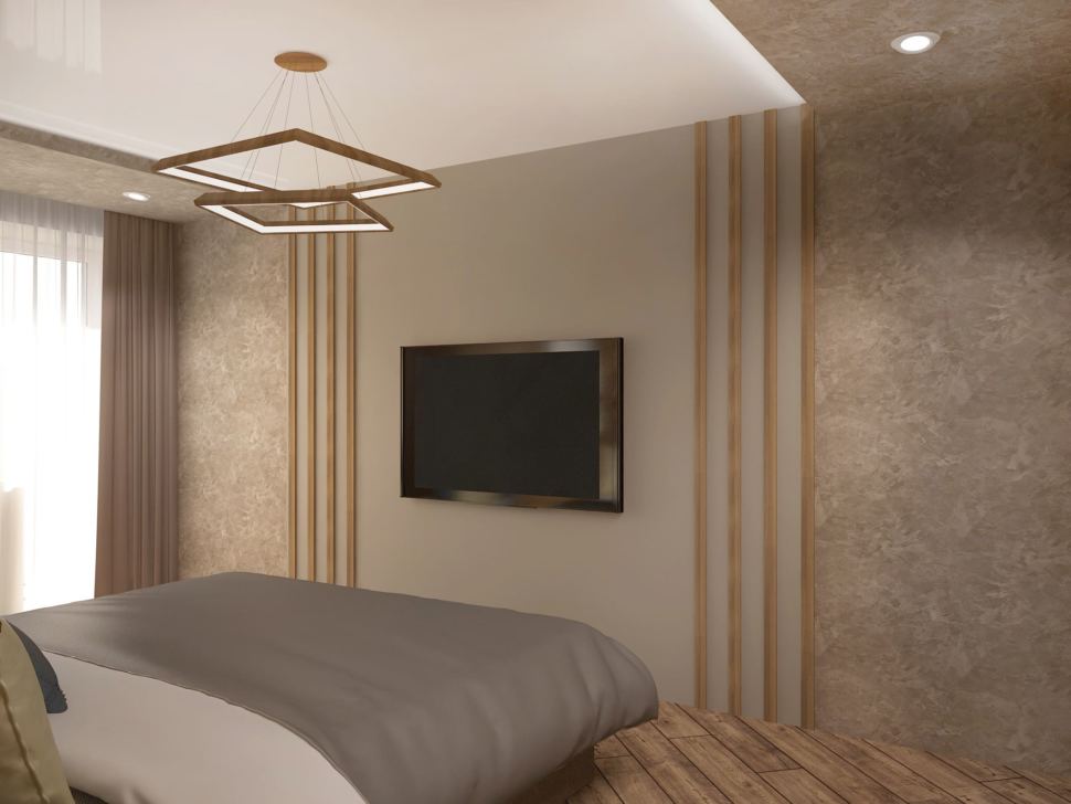 Дизайн-проект спальни в серых тонах 17 кв.м, телевизор, подвесная люстра, кофейные портьеры, кровать, потолочные светильники