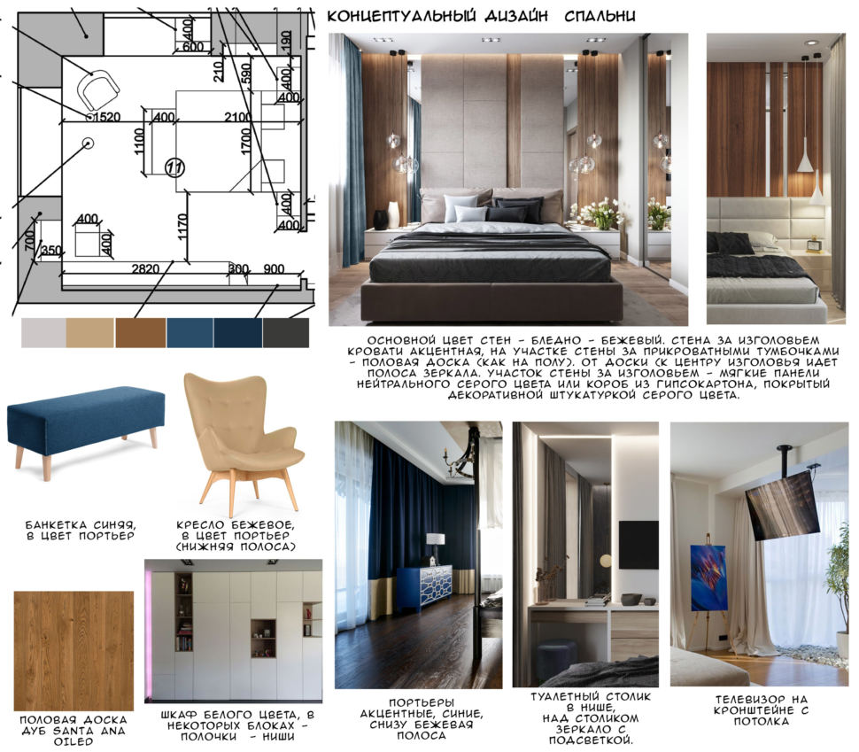 Концептуальный дизайн спальни 16 кв.м, половая доска, синяя банкетка, бежевое кресло, белый шкаф, синие портьеры, телевизор