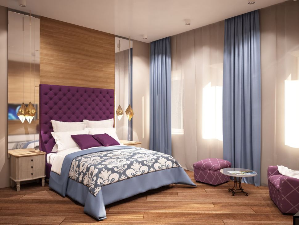 Дизайн спальни 23 кв.м в голубыми оттенками, ягодная кровать, пуф, тумба, журнальный столик, бирюзовые портьеры