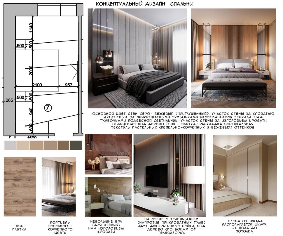 Концептуальный дизайн спальни 17 кв.м, пвх плитка, пепельно-кофейные портьеры, бра, шкаф, прикроватные тумбы, кровать
