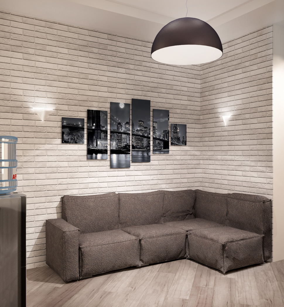 Визуализация кухни- гостиной 16 кв.м в светлых тонах с акцентами, серый диван, картина, декор, кирпич, подвесная люстра, бежевая пвх плитка