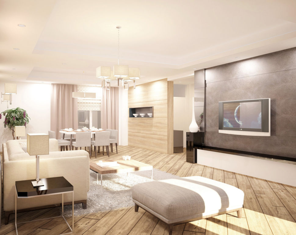 Визуализация гостиной 44 кв.м с природными текстурами, белый диван, банкетка, журнальный столик, лампа, тумба под ТВ