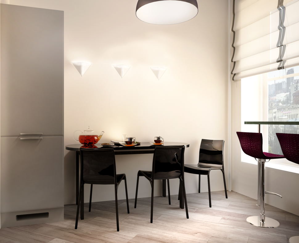 Дизайн кухни- гостиной 16 кв.м в светлых тонах с акцентами, черный обеденный стол, бра, стулья, барные стулья