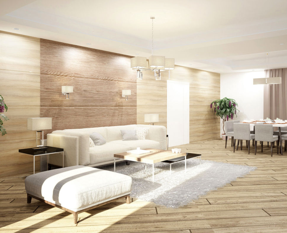 Дизайн гостиной 44 кв.м текстурами дерева, диван, серая банкетка, журнальный столик, люстра, ковер, обеденный стол