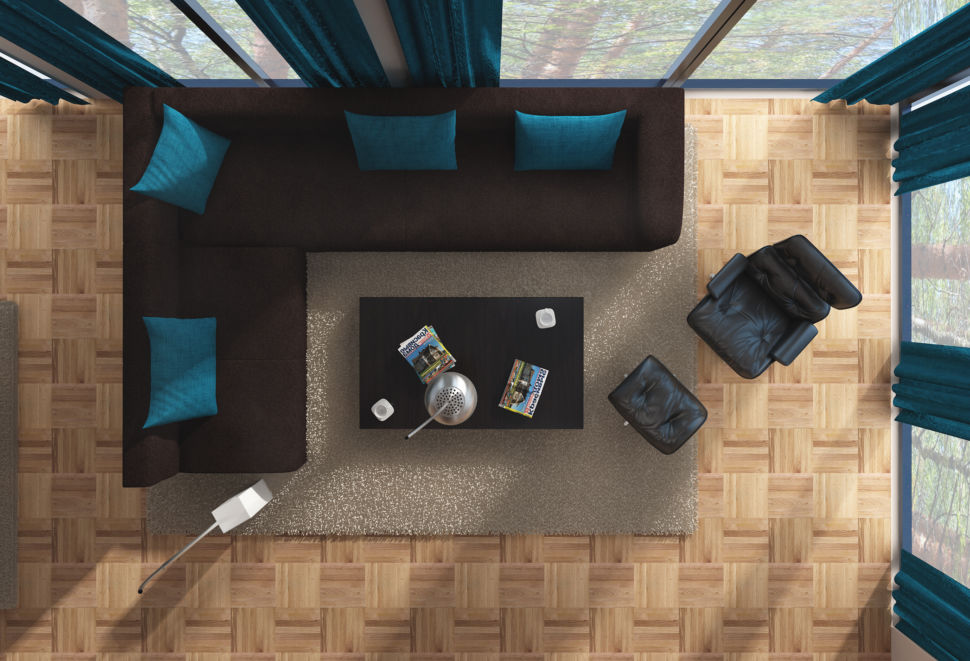 Дизайн-проект гостиной 56 кв.м в природных оттенках, диван коричневый, кресло черное, ламинат, портьеры акцентные, ковер