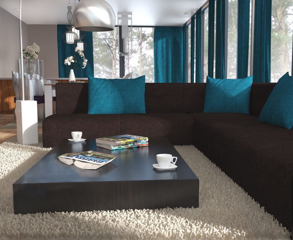 Визуализация зоны с диваном с яркими бирюзовыми портьерами, диван коричневого цвета, столик, ковер, акцентные подушки