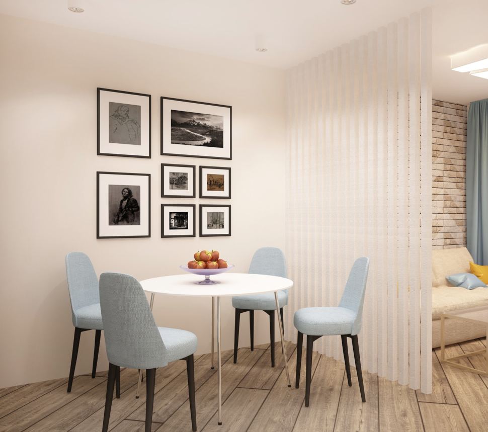 Проект кухни-гостиной 20 кв.м в теплых оттенках, белая декоративная перегородка, обеденный стол, голубые стулья, фотографии