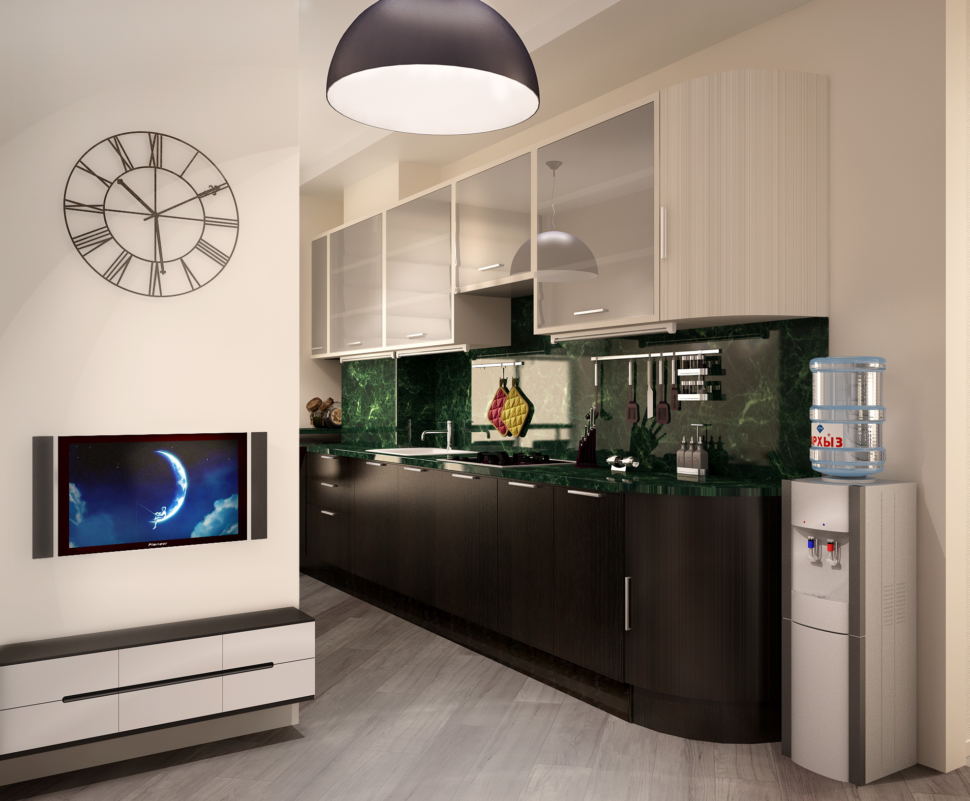 Визуализация кухни- гостиной 16 кв.м в светлых тонах с акцентами, темный кухонный гарнитур, телевизор, белая тумба под ТВ