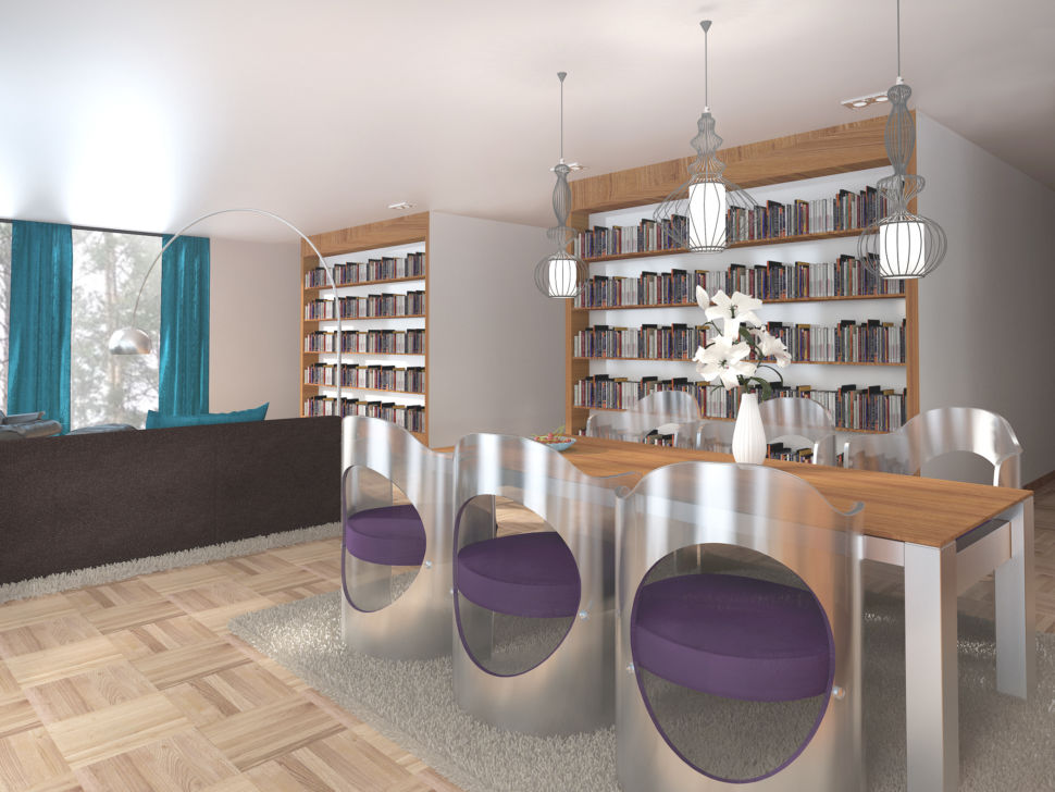 Визуализация гостиной 56 кв.м в бежевых тонах с яркими бирюзовыми портьерами, обеденный стол, дизайнерские стулья, подвесные светильники, стеллаж для книг