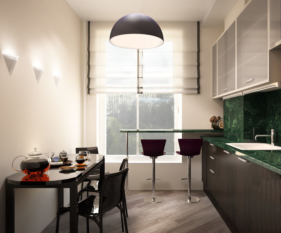 Визуализация кухни- гостиной в светлых тонах с акцентами, стол, стулья, темный кухонный гарнитур, барная стойка