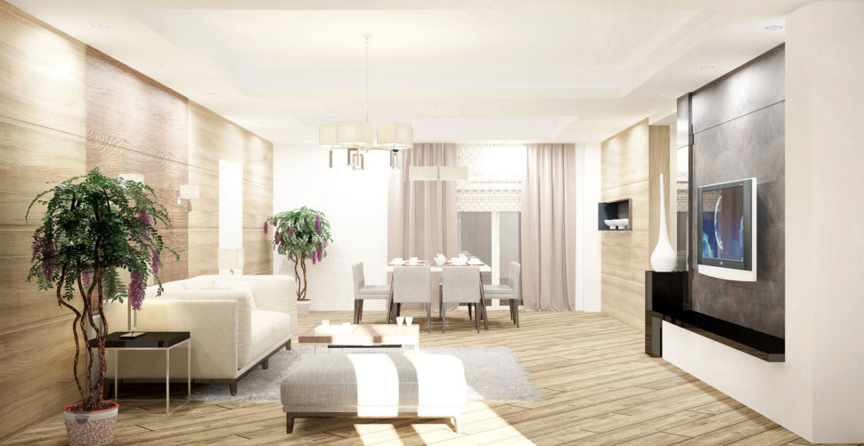Визуализация гостиной 44 кв.м с природными текстурами, белый диван, банкетка, журнальный столик, приставной столик, ковер, телевизор