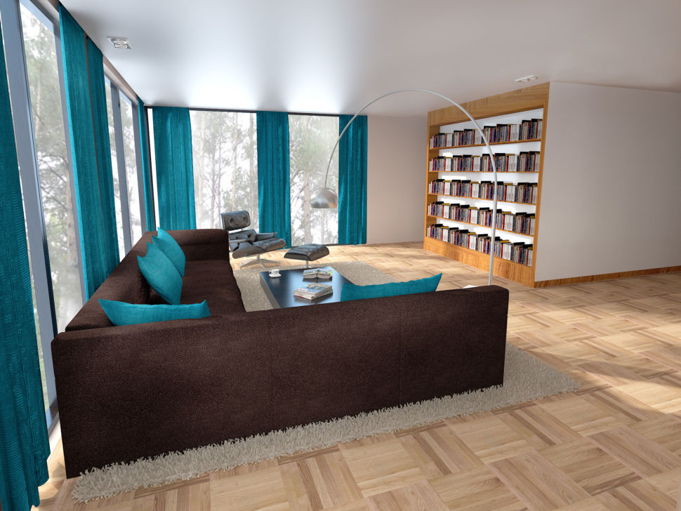 Визуализация гостиной 56 кв.м в бежевых тонах с яркими бирюзовыми портьерами, диван коричневый, стеллаж под книги, торшер