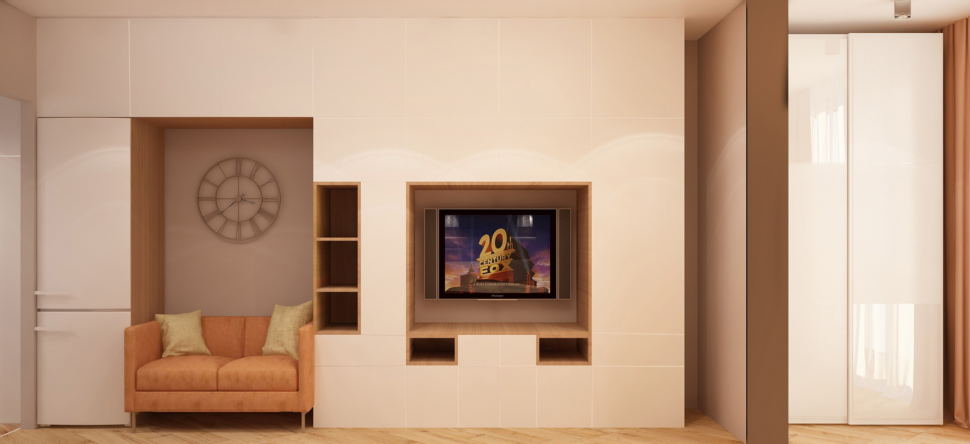 Дизайн-проект комнаты 19 кв.м в теплых оттенках, белый шкаф, бежевый диван, телевизор, часы, тумба под ТВ
