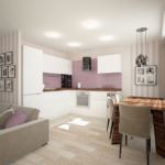 Дизайн-проект кухни 32 кв.м в бежевых тонах с фиолетовыми акцентами, кухонный гарнитур, столешница под дерево