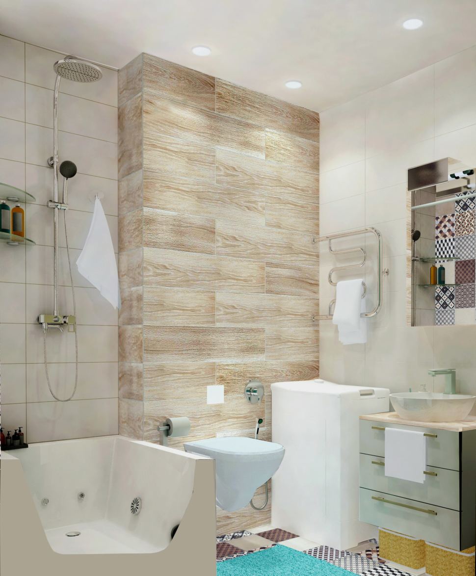 Визуализация ванной комнаты 3 кв.м. в светлых тонах, мойка, гигиенический душ, унитаз, плитка керамическая, дерево