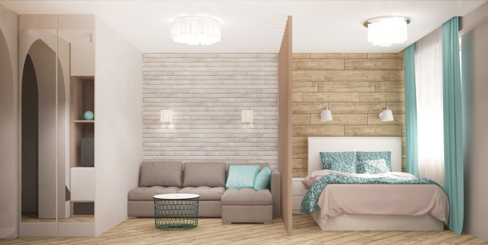 Визуализация спальни-гостиной 22 кв.м в песочных тонах с бирюзовыми оттенками, диван, кровать, перегородка, шкаф, зеркало, прикроватная тумба