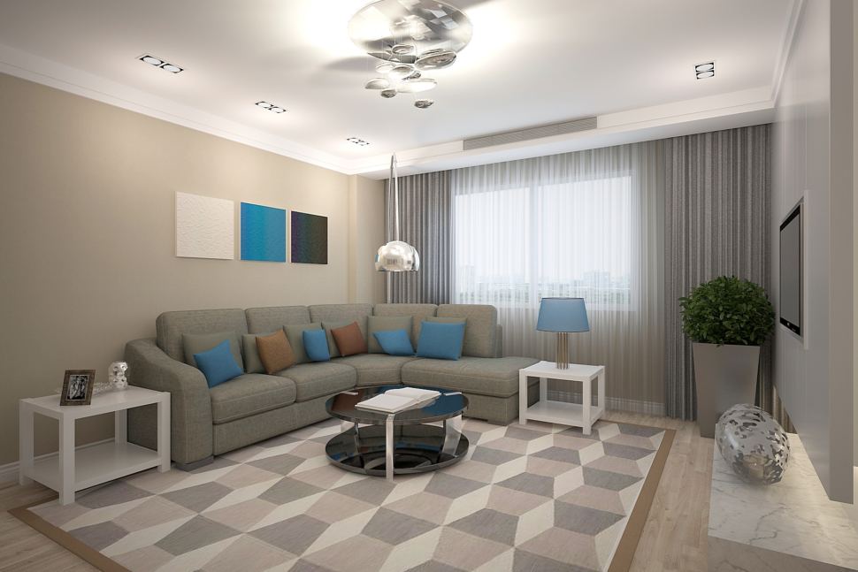 Дизайн-проект гостиной 26 кв.м в теплых тонах с синими акцентами, диван, люстра, белый журнальный столик, декор