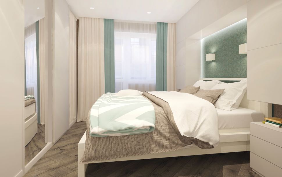 Гостиная - спальня 22 кв.м. в бежевых оттенках с бирюзовыми акцентами, текстиль в песочных тонах, кровать