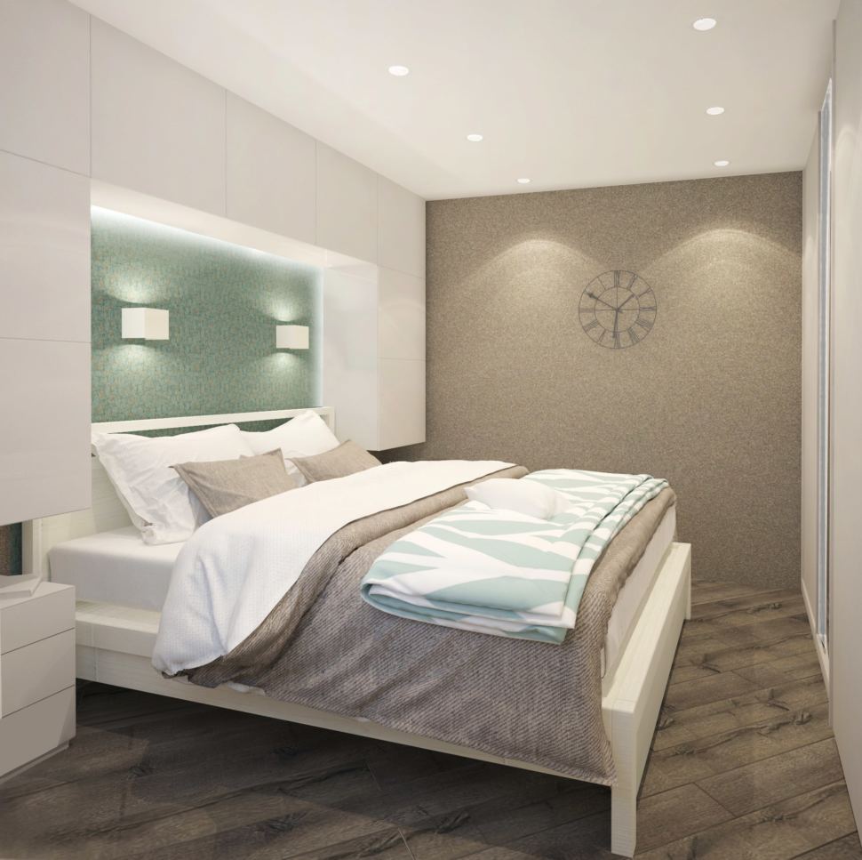 Гостиная - спальня 22 кв.м. в бежевых тонах с бирюзовыми оттенками,часы, текстиль в песочных тонах, кровать